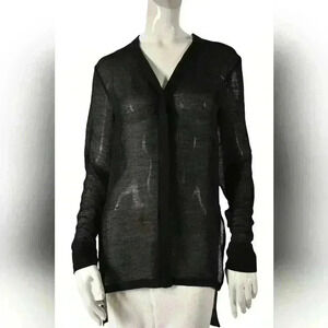 HELMUT LANG Black Sheer Crinkle Rolled 100% Silk Long Top Blouse Small 2/4  USA